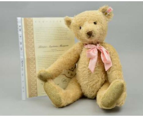 A BOXED LIMITED EDITION STEIFF 'TEDDY BEAR APPOLONIA MARGARETE', No 02181/5000, blond mohair, wearing pink bow, fully jointed