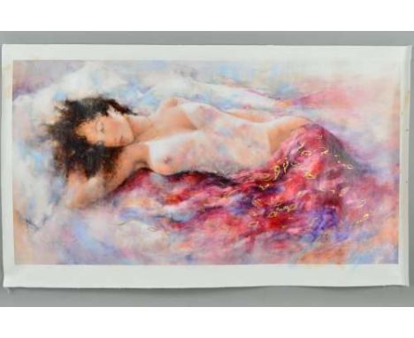 GARY BENFIELD (BRITISH 1965), 'REPOSE II', a limited edition hand embellished print on canvas 12/100 depicting a scantilly cl