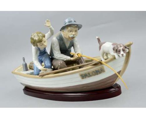 A LARGE LLADRO FIGURE GROUP, 'Fishing with Gramps' No 5215, depicting gentleman and boy in a boat called 'Paloma' fishing, mo