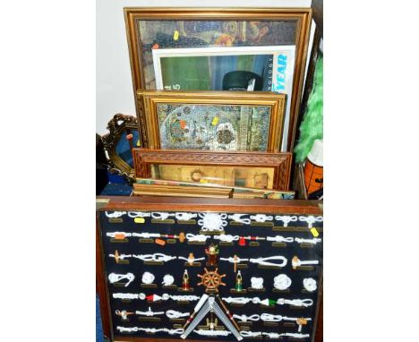 PICTURES, PRINTS, MIRRORS etc, to include modern display case of naval knots, framed jig-saws, Goodyear Alain Prost 1985 pict