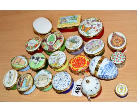 EIGHTEEN CRUMMELS ENAMEL TRINKET BOXES/EGG, to include 'The Albert Hall', 'W G Grace', 'A Regent From Williamsburg', floral, 