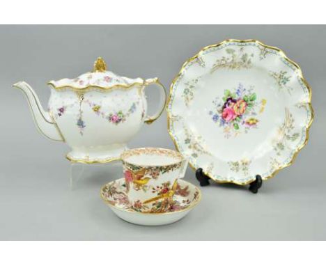 A ROYAL CROWN DERBY SECONDS ROYAL ANTOINETTE TEAPOT, A1225, a Royal Crown Derby 'Normandie' wavy edged plate, diameter 26cm a