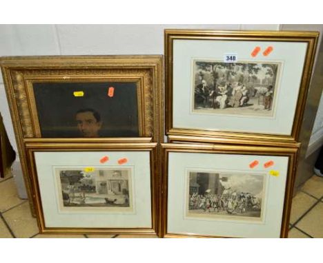 SIX HAND TINTED ENGRAVINGS, including after Rowlandson Dr. Syntax scenes and The Garden Trio, etc, all mounted, framed and gl