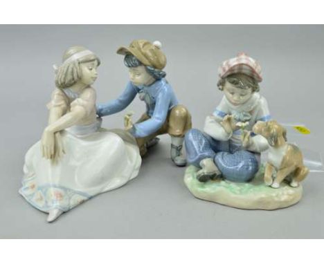 TWO LLADRO FIGURE GROUPS, 'For Me?' No 5454, depicting boy giving girl a flower, approximate height 15cm x length 23cm, and '
