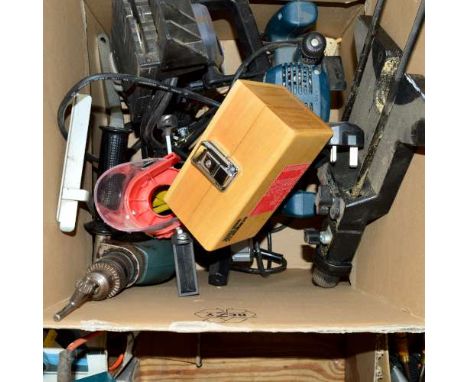 A BOX OF POWER TOOLS, including a Blue Bosch router, a biscuit jointers, drill, etc