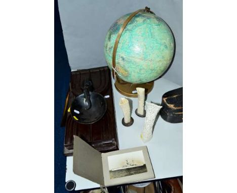 A WORLD OCEAN SERIES TERRESTIAL GLOBE, (af), approximate height 40cm, together with bakelite 'EBCO Patent Bookcase' (a/f), a 