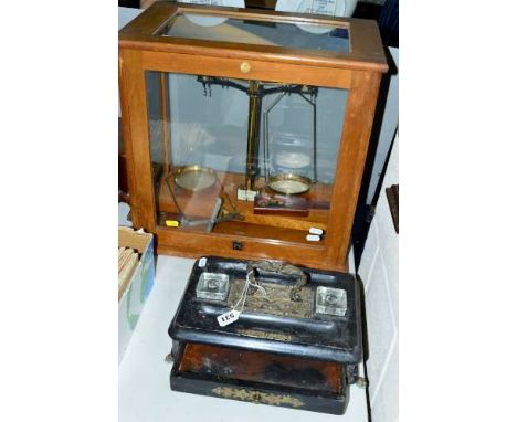 A PHILIP HARRIS LTD SET OF CASED BALANCE SCALES, with cased weights, a Comitti of London barometer and a Victorian ebonised d