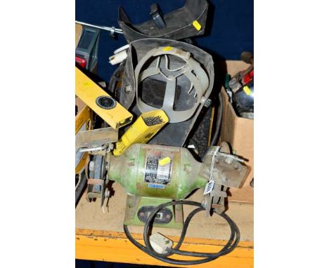 AN ELECTRIC ARC WELDER, two masks, a box of sticks and an Alpine bench grinder