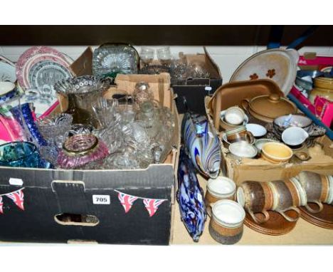 THREE BOXES AND LOOSE CERAMICS AND GLASS ITEMS, to include a Caithness rose bowl, a Sklo Union pineapple vase, two Murano gla