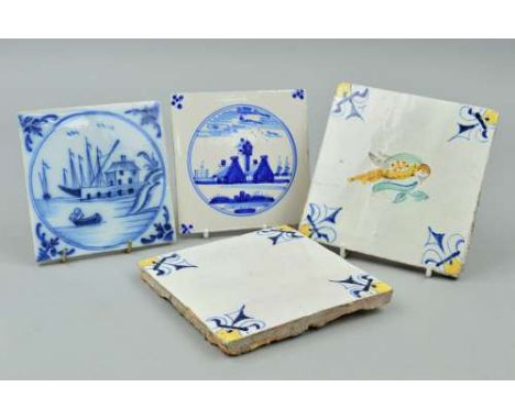 FOUR VARIOUS TILES, to include blue and white oriental scene, two continental terracotta tiles (crazed) and a Delft tile (4)