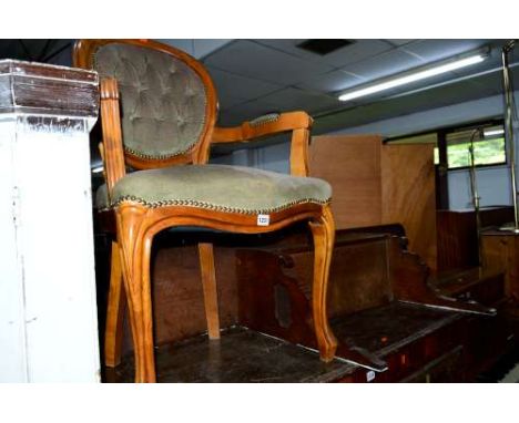 A MODERN FRENCH ARMCHAIR, an oak wall shelf with a single drawer, a half moon table and two pine curtain rails (5)