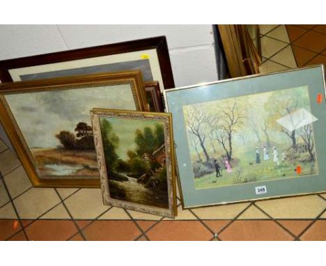 A QUANTITY OF PICTURES AND PRINTS to include three oil on canvas paintings, signed T.R.Parsons of 19th century countryside sc