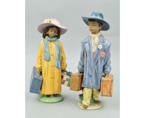 A PAIR OF BOXED LLADRO GRES FIGURES, 'Ready to Go' No 2388 and 'Time to Go' No 2389, depicting young girl and boy both carryi