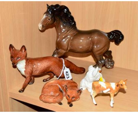 FIVE BESWICK ANIMALS, to include two foxes No 1016A and 1017 (ear reglued), cantering shire No 975, brown, Dog with ladybird 