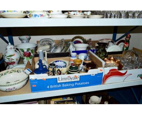 FIVE BOXES AND LOOSE CERAMIC AND GLASS, etc, to include Portmeirion, Royal Worcester, Royal Crown Derby and Shelley (a/f), Ca