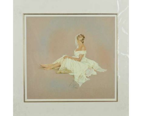 KAY BOYCE (BRITISH - CONTEMPORARY) 'MICHELLE II', a limited edition print 360/500 of a woman dressed in white seated on the f