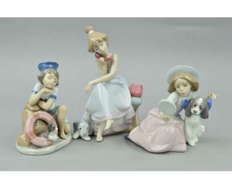 THREE LLADRO FIGURE/GROUPS, to include boxed 'Chitchat' No 5466, depicting girl on telephone, 'Monday's Child' No 6011, depic