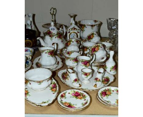 ROYAL ALBERT 'OLD COUNTRY ROSES' TEAWARES AND TRINKETS, to include a clock, a two tier cake stand, a jardiniere, teapot, six 