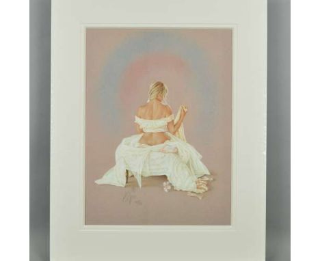 KAY BOYCE (BRITISH CONTEMPORARY) 'COPPELIA', a limited edition print 267/295 of a woman sitting on a stool, signed and number