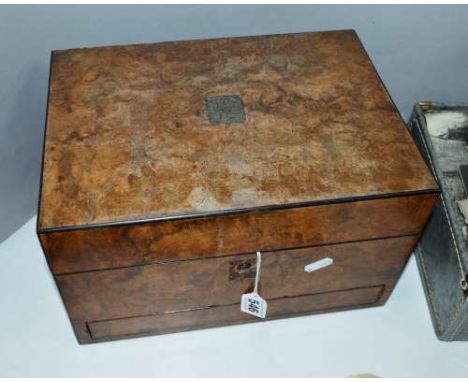 A VICTORIAN BURR WALNUT DRESSING BOX, bears ivory label for Parkins & Grotto 24 Oxford Street, London, containing five glass 