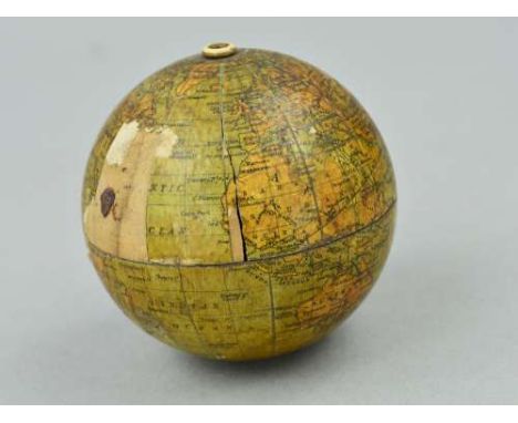 AN ASHWORTH'S COTTON HOLDER, of globe form with section paper transfer over two piece treen body (splits and tears), approxim