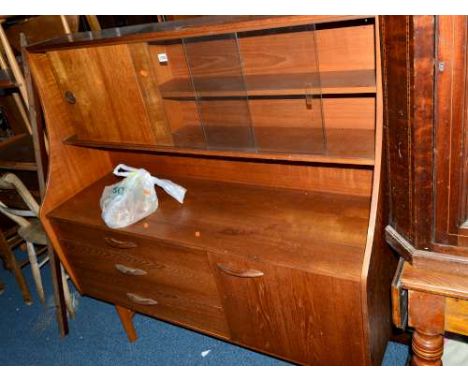 A TEAK SIDEBOARD/WALL CABINET, with three long drawers and glazed upper section, approximate size width 136cm x depth 48cm x 