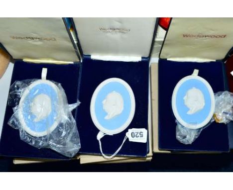 SIX BOXED WEDGWOOD PALE BLUE JASPERWARE PORTRAIT MEDALLIONS, 'Dr Johnson' (with five cardboard boxes)