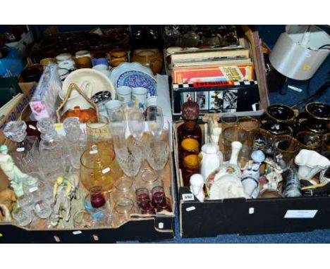 FOUR BOXED AND LOOSE GLASSWARES, CERAMICS, SUNDRIES, etc, to include Royal Doulton 'Rough Collie' RDA9, 'Eliza' HN3798 (head 