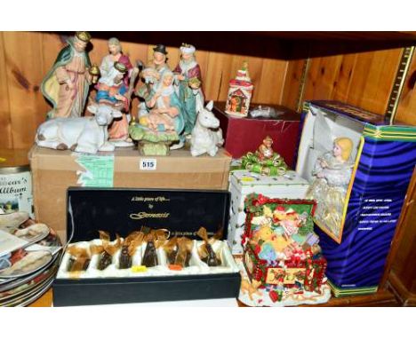VARIOUS CHRISTMAS DECORATIONS, to include boxed Genesis set of six christmas tree figures, a boxed ceramic nativity set, a fi