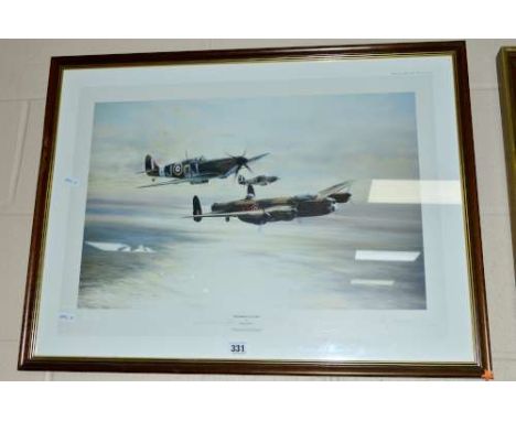 ROBERT TAYLOR (BRITISH 1946) 'MEMORIAL FLIGHT', an open edition print depicting The Spitfire, Hurricane and lancaster Bomber 