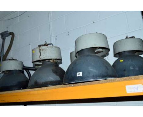 SIX INDUSTRIAL ENAMEL LIGHT SHADES, with electrical attachments, approximate diameter 38cm