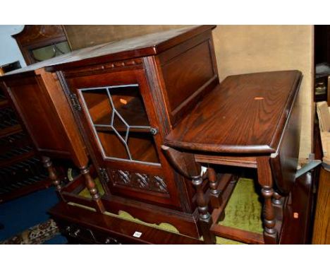 AN OLD CHARM OAK LINENFOLD TWO DOOR CABINET, matching hi-fi cabinet and a drop leaf occasional table (3)