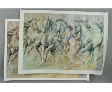 GARY BENFIELD (BRITISH 1965) 'THE HORSE WHISPERER', an artist proof print 87/175 of a woman and horses, signed and numbered i
