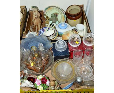 TWO BOXES AND LOOSE CERAMICS, GLASSWARES ETC, to include Capodimonte figure, cut glasses, light shade etc