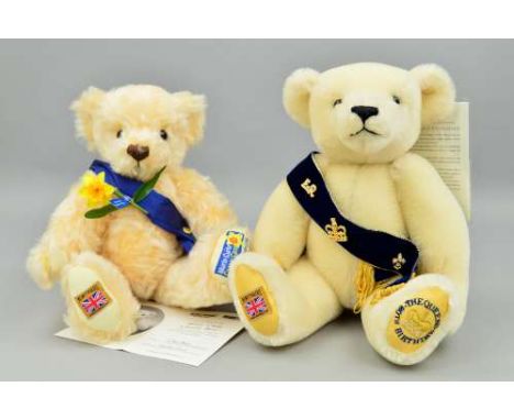 TWO BOXED LIMITED EDITION MERRYTHOUGHT COLLECTORS BEARS, 'Marie Cure Charity Bear' No 110/950, pale blond mohair wearing blue