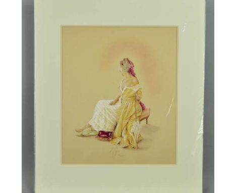 KAY BOYCE (BRITISH CONTEMPORARY), 'AS TIME GOES BY', a limited edition print 116/395 depicting a woman wearing historical cos