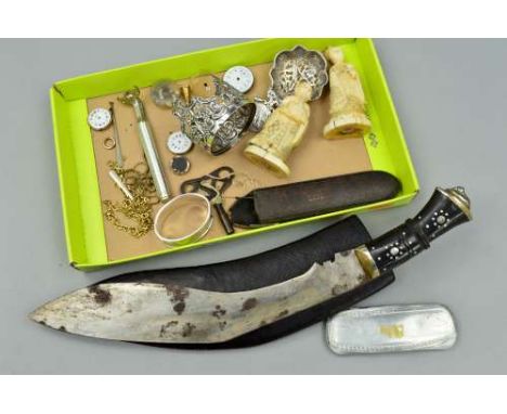 A PARCEL OF MISCELLANEOUS, including silver napkin ring, watch parts, Kukrie knife, a pair of ivory figures c1910