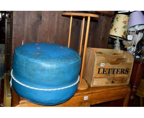A QUANTITY OF MISCELLANEOUS, to include a letter rack, blue leatherette pouffe, two mirrors and six various lamps/lights, etc