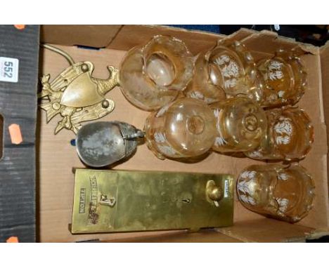 A BOX OF SUNDRIES, to include glass shades, brass Lockerbie & Wilkinson Ltd toilet lock, etc