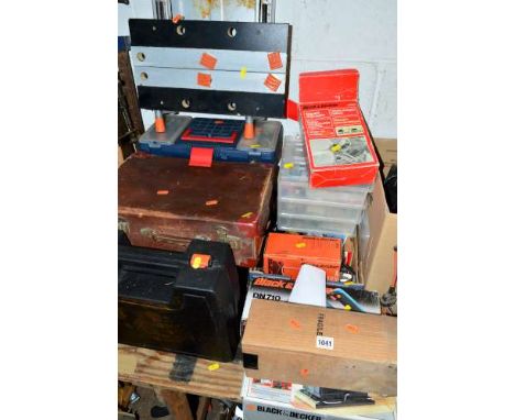 A TOOL BOX AND TRAYS OF TOOLS, including a Black & Decker electric planer, sander, drills, etc