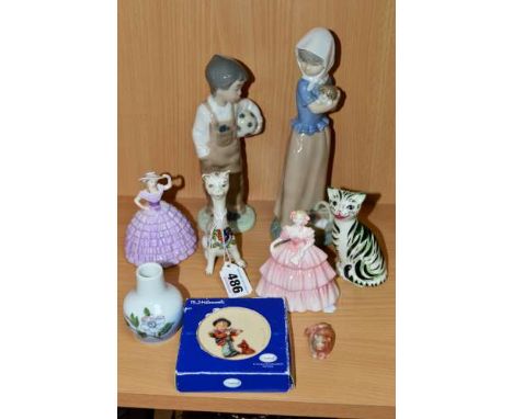 A SMALL GROUP OF ORNAMENTS, to include two Nao figures, boy with football and girl with dog, two Coalport minuettes 'Michelle