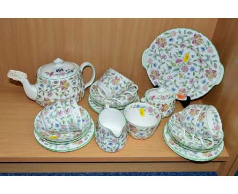 MINTON 'HADDON HALL' TEAWARES, comprising teapot, jug, covered sugar and open sugar bowl, six cups, six saucers and six side 