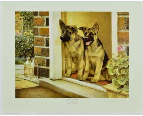 NIGEL HEMMING (BRITISH 1957) 'HOME GUARD', a limited edition print 356/500 of a pair of Alsatian pups, signed in pencil, with
