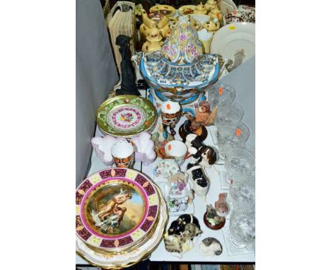 A COLLECTION OF CERAMICS AND GLASS, to include a Coalport 'Chiffon-Black' figure, Coalport and Spode collectors plates, large