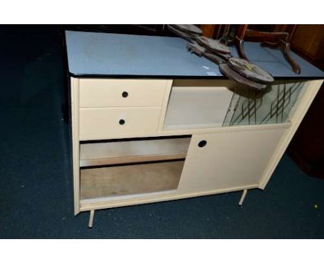 A PAINTED FORMICA TOPPED KITCHEN CABINET, with glazed doors and two drawers, approximate size width 109cm x depth 38cm x heig