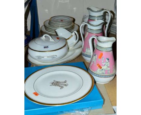 THREE CERAMIC PRATTWARE STYLE GRADUATING JUGS DECORATED WITH GRECIAN SCENES, some restoration to one jug, tallest approximate