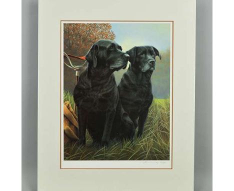 NIGEL HEMMING (BRITISH 1957) 'SENIOR SERVICE', a limited edition print 61/495 of a pair of Black Labradors, signed and number