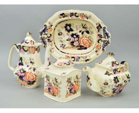 FOUR PIECES OF MASONS 'MANDARIN', to include teapot, coffee pot, storage jar and oval dish (missing cover), together with a M