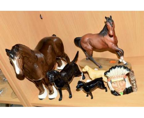 THREE BESWICK DOGS AND TWO HORSES, three labradors 'Solomon of Wendover' No 1548 and No 1956 black (tail broken and missing) 