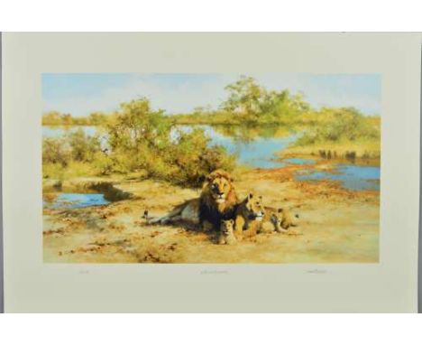 DAVID SHEPHERD (BRITISH 1931 - 2017) 'IN THE COOL OF THE EVENING', a limited edition print 264/350 depicting a Family of Lion